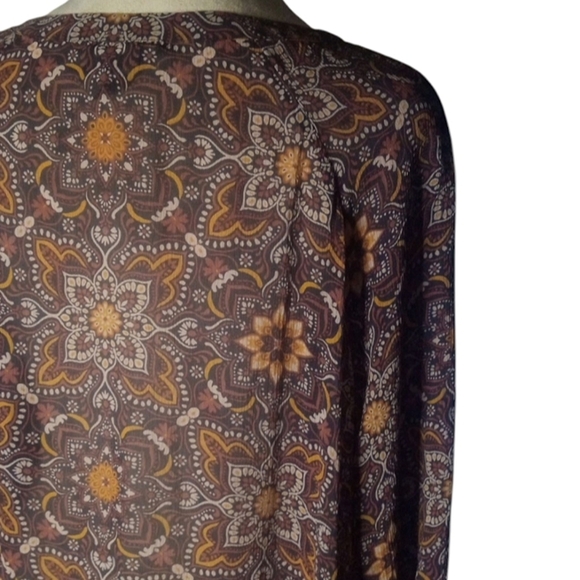 Ryllace Floral Silk Tunic Dress Split V Neck 3/4 Sleeve Red Tan Size 16 - Picture 7 of 9